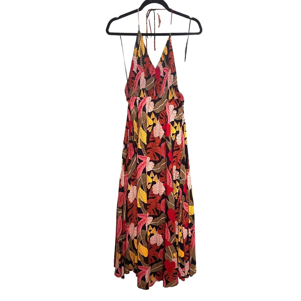 KLd Tropical Leaf Halter Maxi Dress Women Medium Black Pink Flowy Boho Open Back